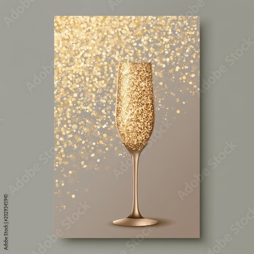 Elegant gold champagne flute surrounded by falling glittering particles of celebration