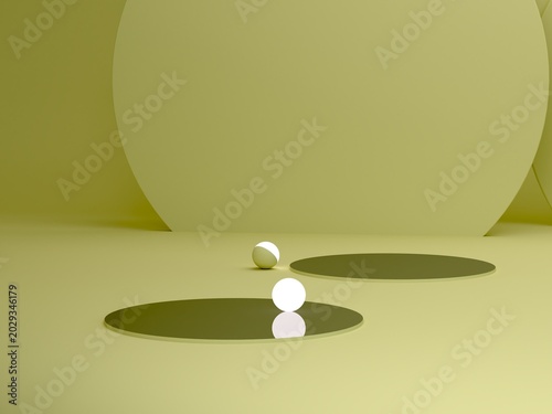 Empty scene with circular mirrors and light spheres on the floor. Minimal aesthetic spring background in butter yellow colors. Showcase with geometrical forms. Empty scene to display products. 