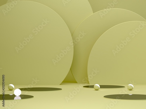 Empty scene with circular mirrors and light spheres on the floor. Minimal aesthetic spring background in butter yellow colors. Showcase with geometrical forms. Empty scene to display products. 