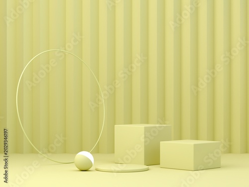 Cubes and cylinder podium with sphere light in minimal aesthetic spring background in butter yellow colors. Showcase with geometrical forms. Empty scene to display products. 