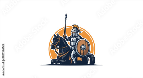 Schilderij op canvas Knight in Full Armor Riding a Horse with Spear and Shield.