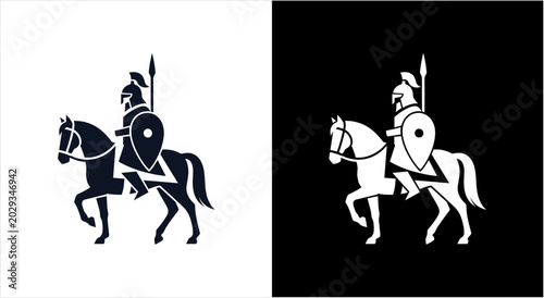 Bild auf Leinwand Medieval Knight Warrior Riding Horse with Shield and Spear.