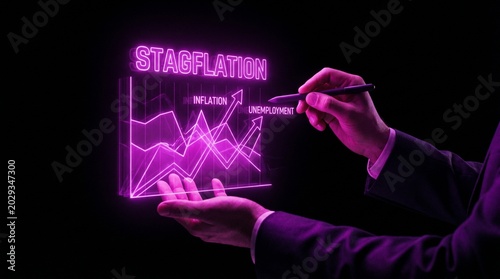 Businessman analyzing a glowing purple holographic chart showing stagflation with rising inflation and unemployment lines.