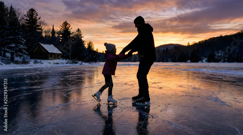 Ice skating, family fun, winter sports, outdoor activity, sunset isolated PNG with Transparent Background Summer PNG