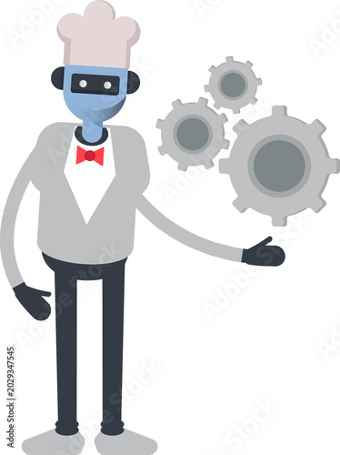 Robot Humanoid Chef Character Holding Gears

