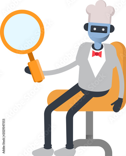 Robot Humanoid Chef Character Sitting and Holding Magnifier
