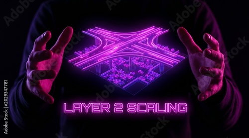 Cyberpunk Concept of Layer 2 Scaling with Neon Highway and Glowing Hands.