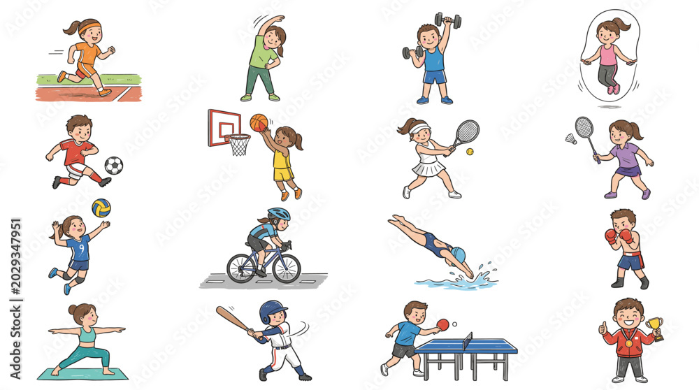 Naklejka premium Active kids sports illustration set showing children playing basketball, soccer, tennis, cycling, swimming, gymnastics, skiing and other outdoor activities.