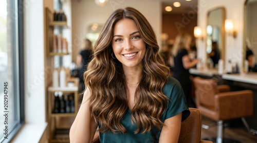 Woman with long brown hair smiling in a hair salon with a green sweater on