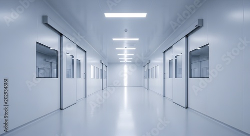A long, sterile, and brightly lit corridor in a modern cleanroom or laboratory facility, featuring multiple doors on both sides and a vanishing point with bright light.