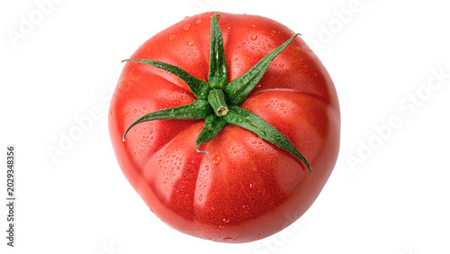 Fotografía A single fresh ripe red organic tomato vegetable with green stem isolated on tra