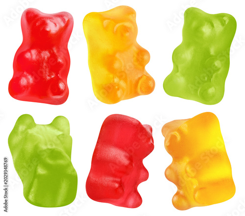 Set of colorful gummy bear candies, isolated on cutout transparent background