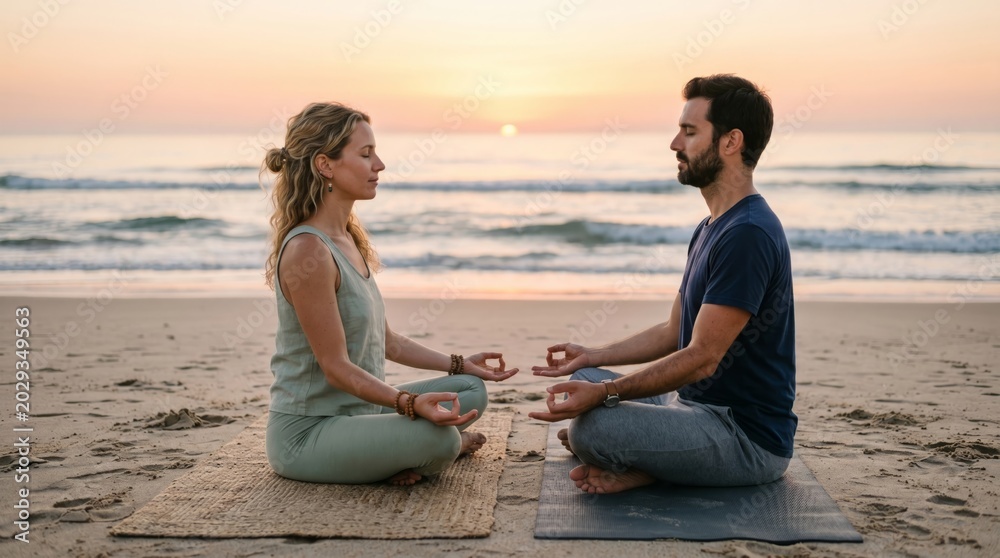 Fototapeta premium Caucasian woman and man meditating in lotus pose on beach at sunrise. Couple practicing yoga for mental health and mindfulness. Tranquil morning wellness and spiritual balance training.
