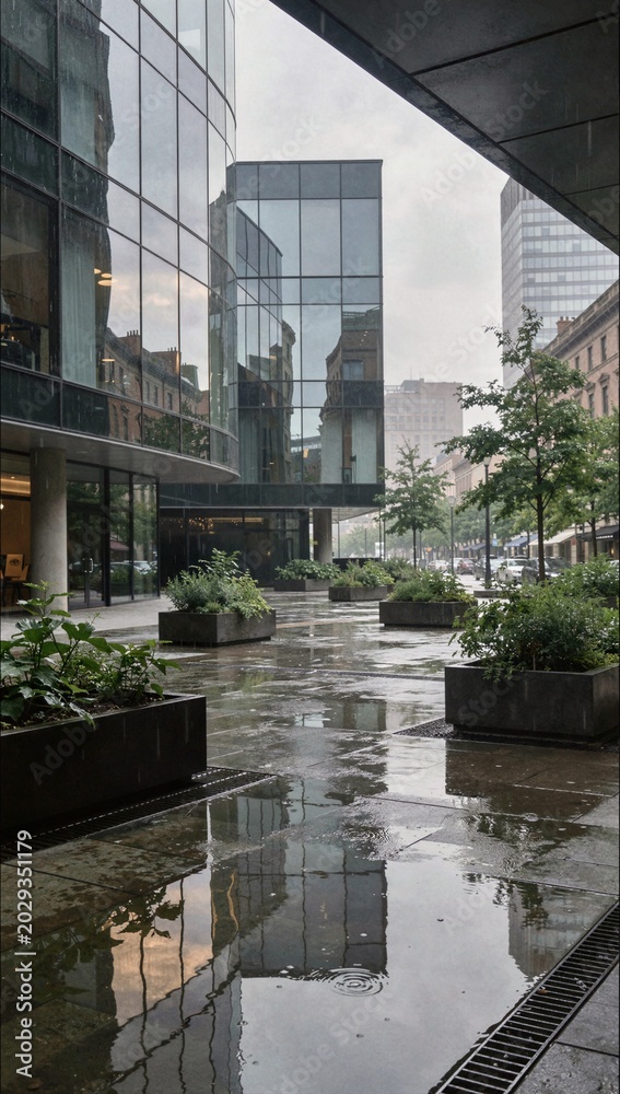 Obraz premium Modern glass office skyscraper plaza reflection on wet pavement after rain ideal for corporate business background and urban lifestyle branding