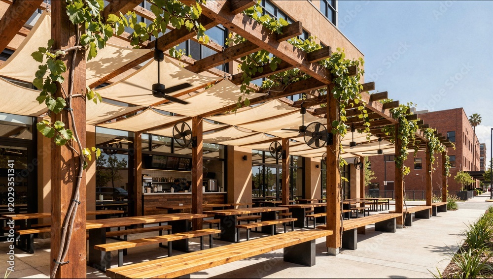 Fototapeta premium Outdoor cafe patio restaurant with wooden pergola structure and canvas sun shade sails ideal for hospitality business branding and summer dining advertisement