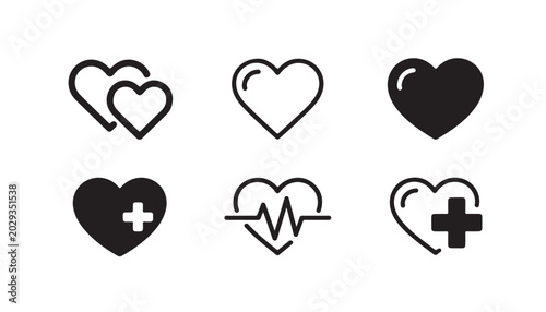 Couple heart and medical health cross symbols with heartbeat line in black silhouette style.