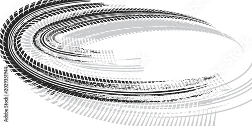 Tire track. Car, bike, motorcycle tyre mark with grunge effect isolated on white background. Wheel footprint on the road. Top view of rubber protector mark