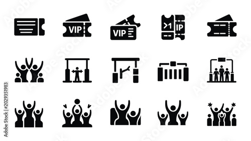 Set of 15 Black Event and VIP Ticket Icons Vector