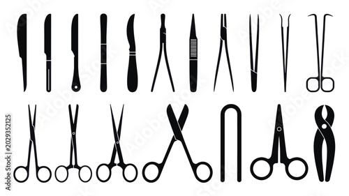 Set of 20 Black Surgical Tools Icons Vector
