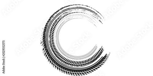 Tire track. Car, bike, motorcycle tyre mark with grunge effect isolated on white background. Wheel footprint on the road.