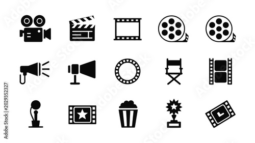 Set of 15 Black Film Production and Cinema Vector Icons