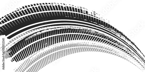 Tire track. Car, bike, motorcycle tyre mark with grunge effect isolated on white background. Wheel footprint on the road.