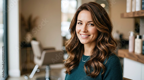 Woman with long brown hair smiling in a hair salon with a green sweater on