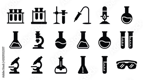 Tableau sur toile Set of 18 Black Science Laboratory Equipment Icons Vector