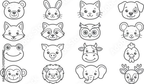 Photography Cute cartoon animal faces set of cute bear, bunny, cat, dog, fox, raccoon, owl, mouse, frog, pig