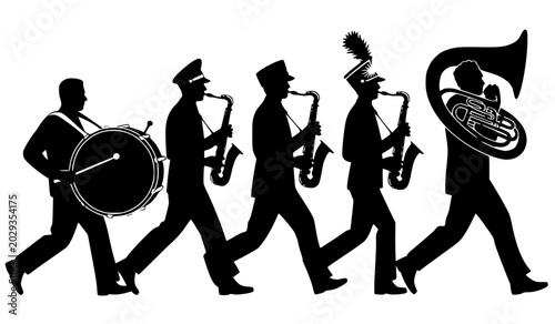 Fotografi Silhouette of a marching band parading in a row