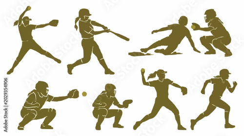 Flat Khaki Silhouette Softball Players Action Poses Vector Illustration For Commercial Use