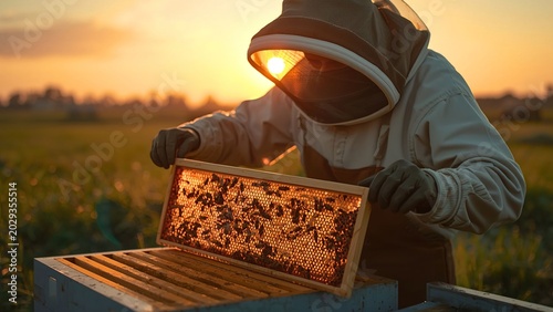 Hyper-realistic beekeeper inspecting glowing honeycomb frames during golden sunset, cinematic rural atmosphere, realistic bee wing details, ultra detailed protective clothing textures