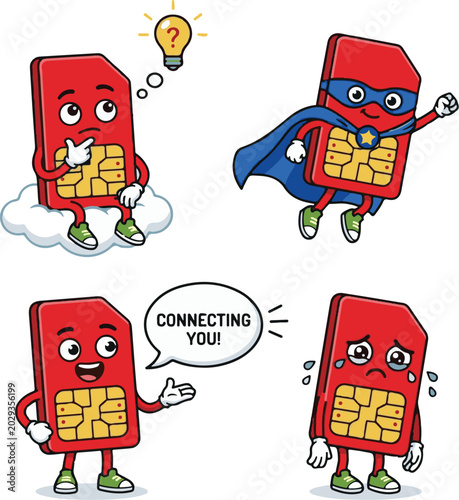 Red SIM card character mascot set. Mobile phone sim card cartoon vector illustration. Sim card having an idea with lightbulb. Superhero sim card character. Crying sad sim card emoji. Telecommunication