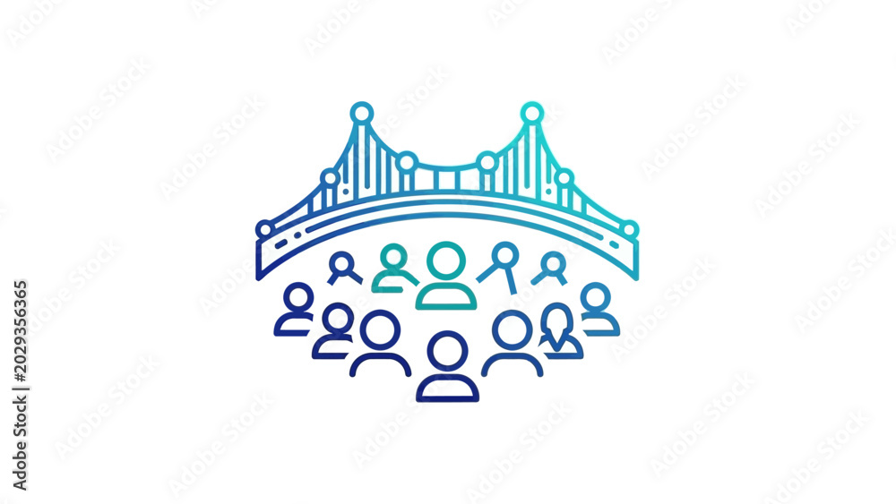 Fototapeta premium Blue Line Art Logo of a Bridge Connecting Groups of People, Symbolizing Community and Connection, Isolated White Background.