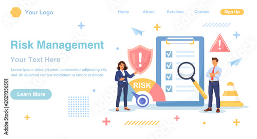 Risk management, assessment. Identifying hazards, financial safeguarding, strategic planning. Analyst with checklist, caution signs. Mitigation strategies, ensuring project security. Flat illustration