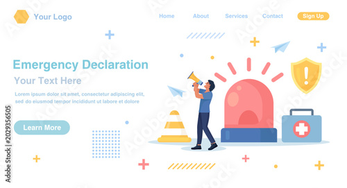 Businessman with megaphone giving instructions about current state of emergency. Flashing red alert siren signaling danger or emergency situation. Business disaster. Vector flat illustration