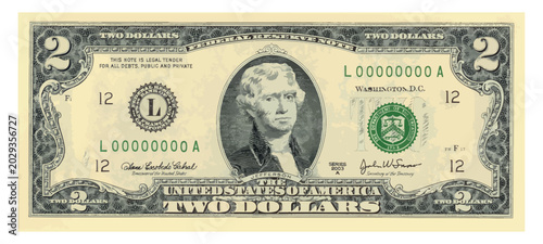 Cuadro en lienzo US Dollars 2 banknote -American dollar bill cash money isolated on white backgro