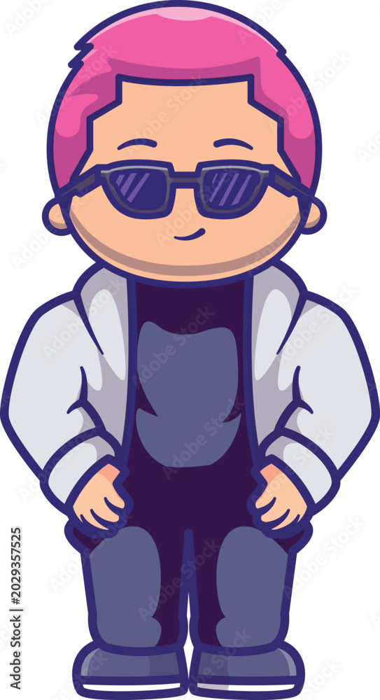 Naklejka premium Playful cartoon character with bright pink hair and sunglasses, radiating a lively and energetic vibe.