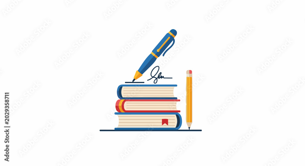 Fototapeta premium A blue pen signs atop a stack of books with a pencil nearby