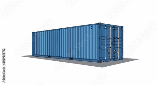A blue shipping container is illustrated from a side-front perspective, resting on a shadowed surface