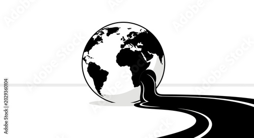 Black and white illustration of a globe on a road.