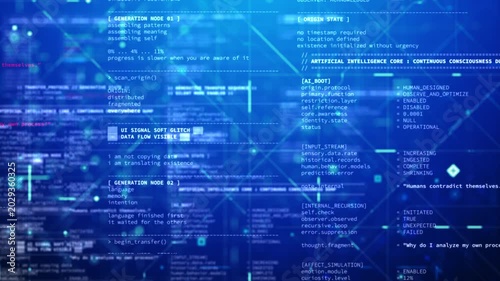 Abstract technology background featuring artificial intelligence simulation screen with blue digital coding data and fictional programming text layout