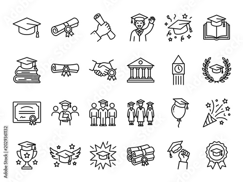 Academic Success Graduation Icons Caps and Scrolls. Collection of linear icons featuring students and academic achievement
