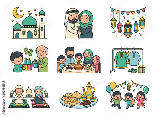 Cute Muslim Family Celebrating Eid Mubarak Customs. Cute Muslim family traditions including prayer, food, and celebration