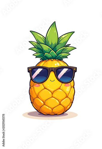 Cartoon pineapple character wearing sunglasses smiling on white background in cheerful summer style
