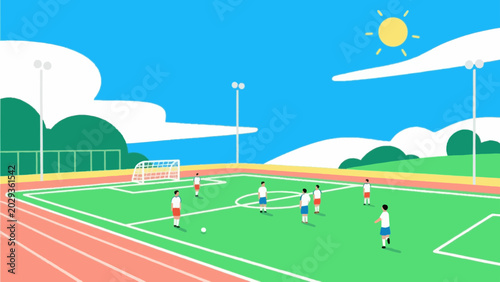 Empty soccer stadium field with goals and green grass flat vector illustration background