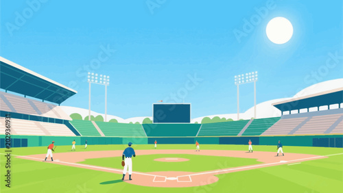 Baseball stadium field with players flat vector illustration background