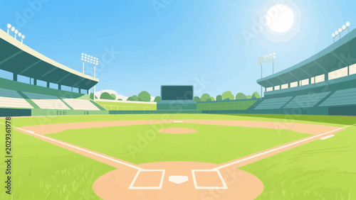 Baseball stadium field with players flat vector illustration background