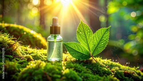 Glass dropper bottle filled with clear liquid beside a vibrant green leaf with dew drops, bathed in golden sunlight