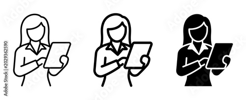 Business Woman Icons, Tablet User Graphics, Professional Female Person Vector Set